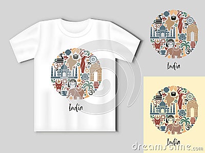 Sights of India. Flat icons in the shape of a circle. Travel concept with t-shirt mockup Vector Illustration
