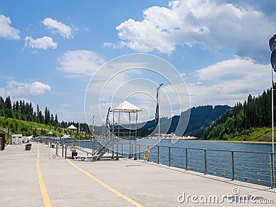 Empty Lake of Youth beach in Bukovel in summer Stock Photo