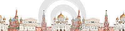 Watercolor seamless border with the sights of Russia, the Bolshoi Theatre, the Kremlin, the Cathedral, the Temple in Moscow on a Stock Photo