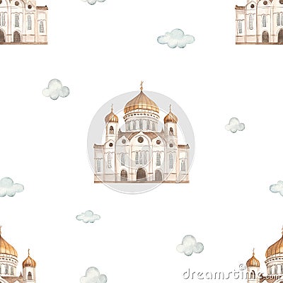 Watercolor seamless pattern with the sights of Russia, the Cathedral of Christ the Savior Stock Photo