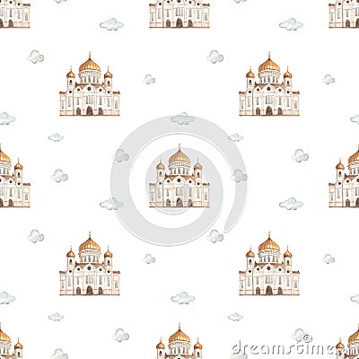 Watercolor seamless pattern with the sights of Russia, the Cathedral of Christ the Savior on a white background Stock Photo