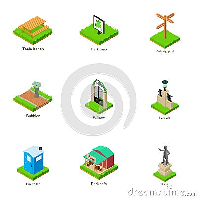 Sights of the town icons set, isometric style Vector Illustration