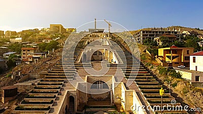 Sightseeing in Armenia, view of art fountain of famous Yerevan Cascade stairway Stock Photo