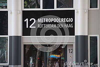 Sign above the entrance of the public organization of the Metropoolregio Rotterdam Den Haag Editorial Stock Photo