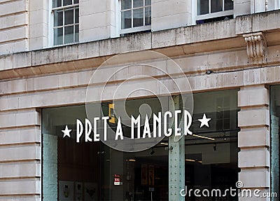 Sign above a pret a manger cafe and takeaway sandwich shop in manchester city centre Editorial Stock Photo