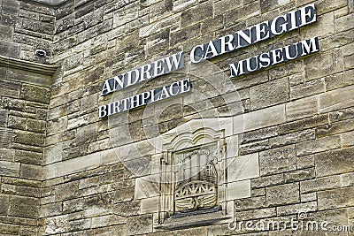 Sign of the Andrew Carnegie museum in Dunfermline, Scotland Editorial Stock Photo