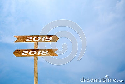 Sign banner 2019, 2018 blue sky background. Stock Photo