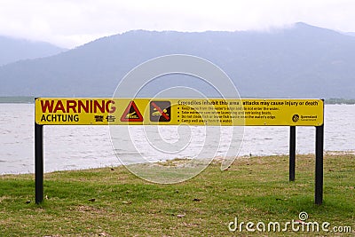 Sign on beach warning of danger from crocodiles Editorial Stock Photo