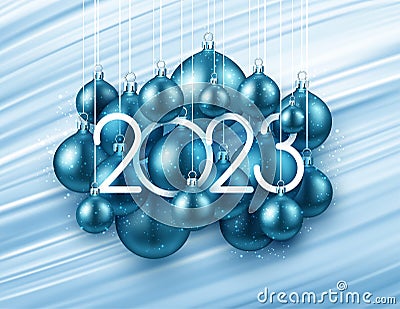 2023 sign in with blue hanging baubles on brush strokes background Vector Illustration