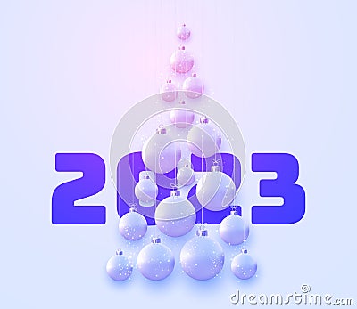 2023 sign with blue hanging baubles in triangle christmas tree shape Vector Illustration