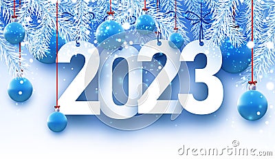 2023 sign in with blue hanging baubles, white fir tree branches and snow Vector Illustration