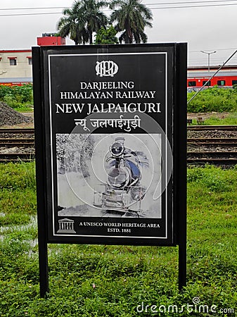 Sign board of the heritage mountain rail of Indian Railways Darjeeling Hill Toy Train. Editorial Stock Photo