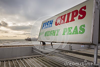 Sign at brighton pier for fish and chips Editorial Stock Photo