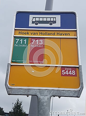 Sign of busstop for busses from Hoek van Holland Haven station to the beach where plans are to extend the Hoekse Lijn Metro Editorial Stock Photo