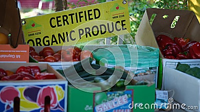A sign of Certificate of Organic Produce for a trusted seller. Editorial Stock Photo