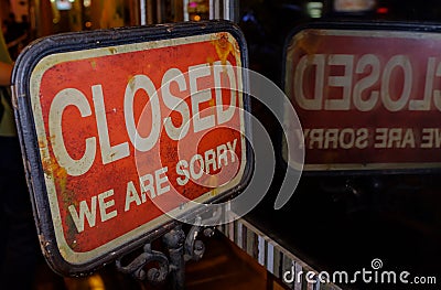 Sign on closed shop with the words Sorry We`re closed word Stock Photo