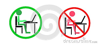 Sign correct incorrect siting pose under computer laptop table isolated on white nackground. symbol sitting position illust Stock Photo