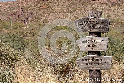 Sign in the desert Superstition Wilderness near the Lost Dutchman State Park near Apache Junction, Arizona, USA Editorial Stock Photo