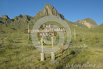 A sign directing travelers to the Flying Dutchman Ranch near Picacho Peak State Park North of Tucson, AZ Editorial Stock Photo