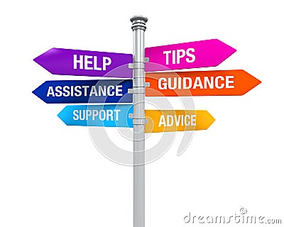 Sign Directions Support Help Tips Advice Guidance Assistance Stock Photo