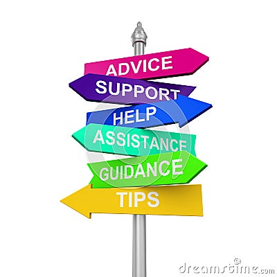 Sign Directions Support Help Tips Advice Guidance Assistance Stock Photo