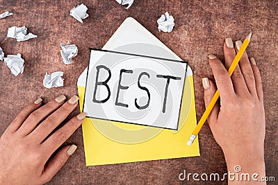 Sign displaying Best. Business approach to prove greater to surpass or be better than something or someone else Stock Photo