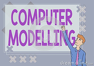 Hand writing sign Computer Modelling. Business concept using a computer to make a model of a plan or design Happy Man Stock Photo
