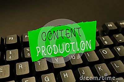 Sign displaying Content Production. Word for way of developing and creating visual or written assets Offering Speed Stock Photo