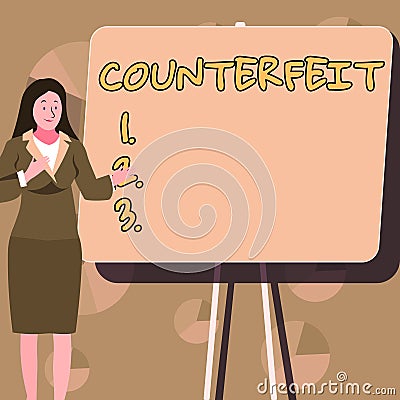 Sign displaying counterfeit. Internet concept made in imitation of something else with intent to deceive Stock Photo