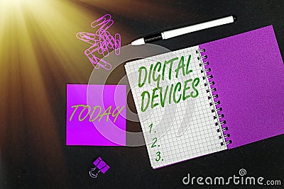 Sign displaying Digital Devices. Concept meaning physical unit of equipment that contains a microcontroller Multiple Stock Photo