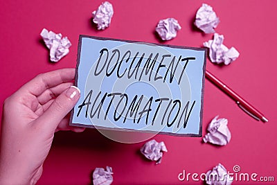 Sign displaying Document Automation. Business approach workflows that assist in creation of electronic document Writing Stock Photo