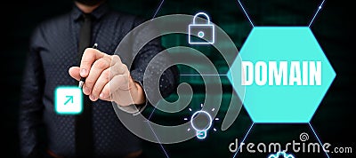 Sign displaying Domain. Word for distinct subset of Internet with addresses sharing common suffix Stock Photo