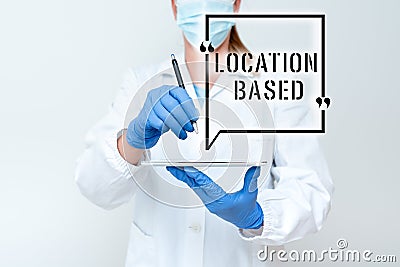 Sign displaying Location Based. Word Written on Mobile marketing to target users within same geographic area Stock Photo