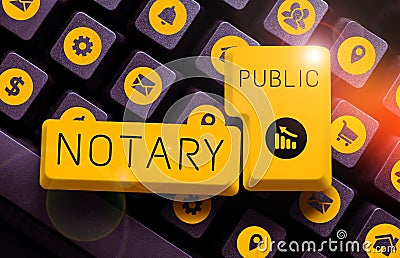 Sign displaying Notary Public. Word for Legality Documentation Authorization Certification Contract Stock Photo