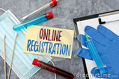 Sign displaying Online Registration. Internet Concept registering via the Internet as a user of a product Researching Stock Photo