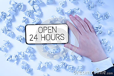 Sign displaying Open 24 Hours. Conceptual photo Working all day everyday business store always operating Lady in suit Stock Photo