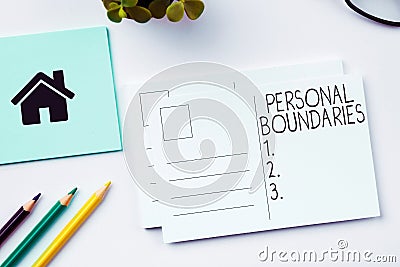 Sign displaying Personal Boundaries. Conceptual photo something that indicates limit or extent in interaction with Stock Photo