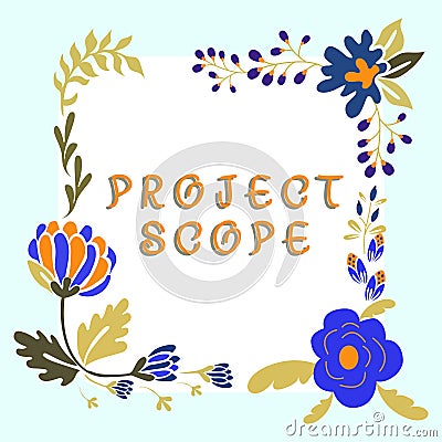 Conceptual caption Project Scope. Business overview evaluation of work efforts a product development requires to Stock Photo