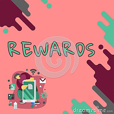 Sign displaying Rewards. Business concept certain number or percentage you earn for every dollar you charge Stock Photo