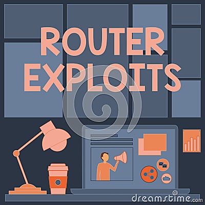 Sign displaying Router Exploits. Business overview takes advantage of a security flaw in an application Laptop On A Stock Photo