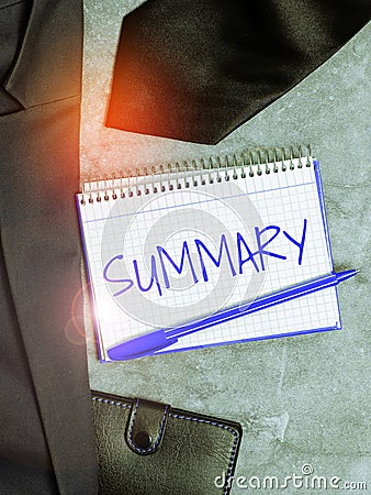 Sign displaying Summary. Conceptual photo Brief Statement Abstract Synopsis Concise Abbreviated version Stock Photo