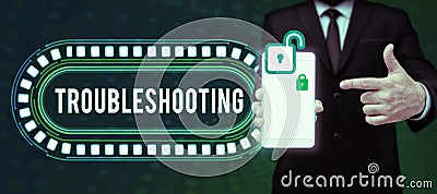 Sign displaying Troubleshooting. Conceptual photo an act of investigating or dealing with in the problems occured Stock Photo