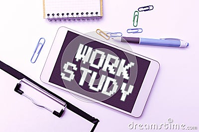 Sign displaying Work Study. Word for college program that enables students to work parttime Smartphone With Voice And Stock Photo
