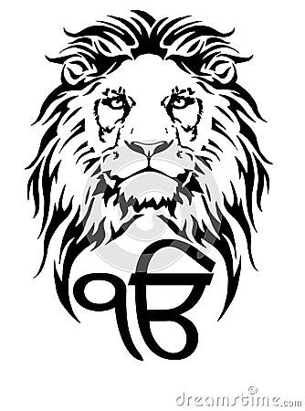 Sign Ek Onkar is the most significant symbol of Sikhism, decorated with a Lion Stock Photo