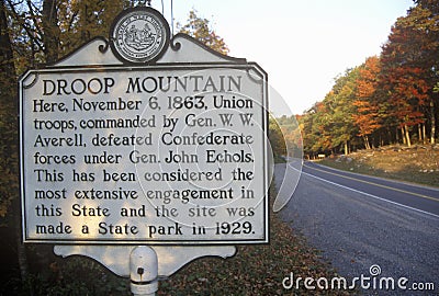 Sign at the entrance of Droop Mountain Battlefield State Park, Civil War battleground, Scenic Route 39, WV Stock Photo