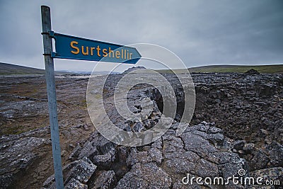 Sign of entrance to Surtshellir lava cave Stock Photo