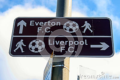 Direction sign to Everton and Liverpool Football Club Editorial Stock Photo