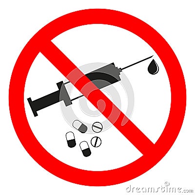 Sign forbidden drugs in red crossed out circle on white background Vector Illustration