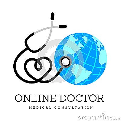 Sign in the form of a stethoscope in the shape of the heart and globe. Can be used as a logo for online medicine Vector Illustration