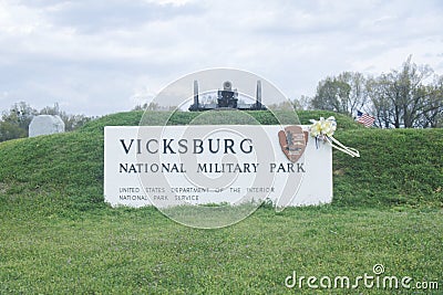 Sign on green grass at entrance of Vicksburg National Military Park, MS Editorial Stock Photo